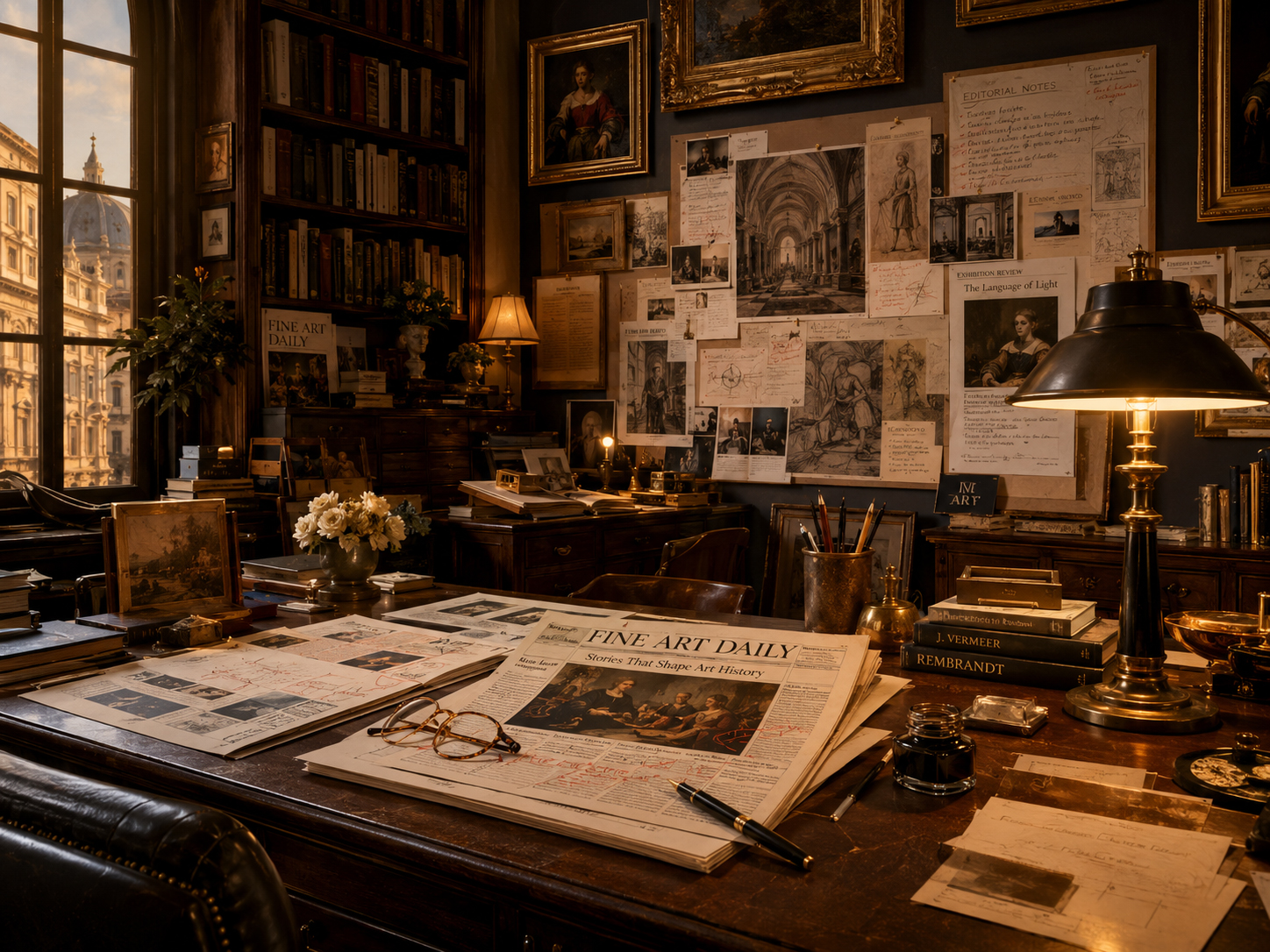 FineArtDaily editorial room with manga art-history newspaper energy