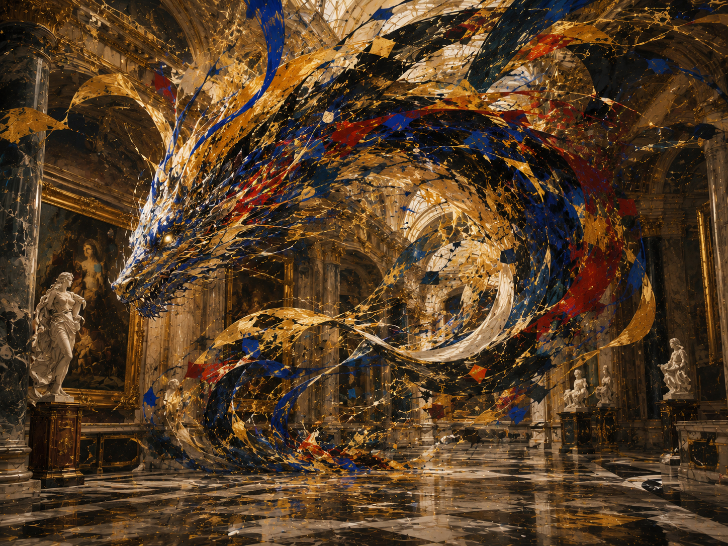 The Abstract Dragon character in a glowing museum gallery