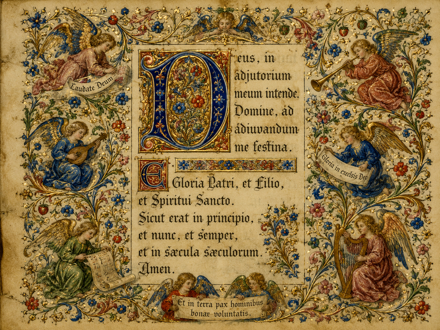 Illuminated manuscript margins with small angels and symbolic details