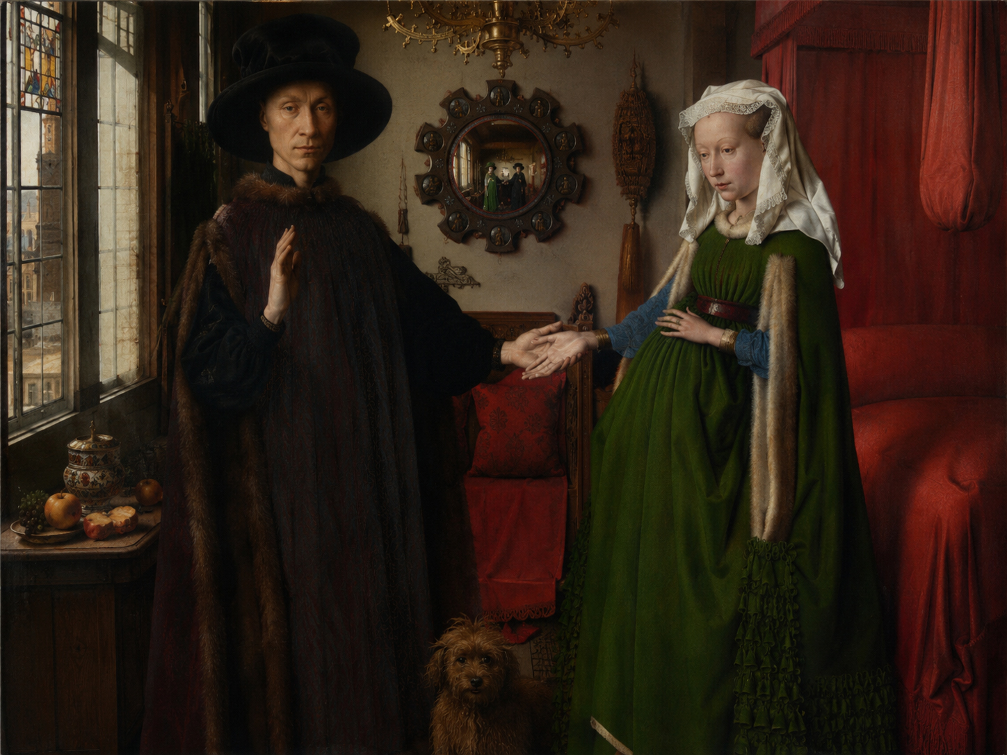 Renaissance interior with couple and convex mirror secret