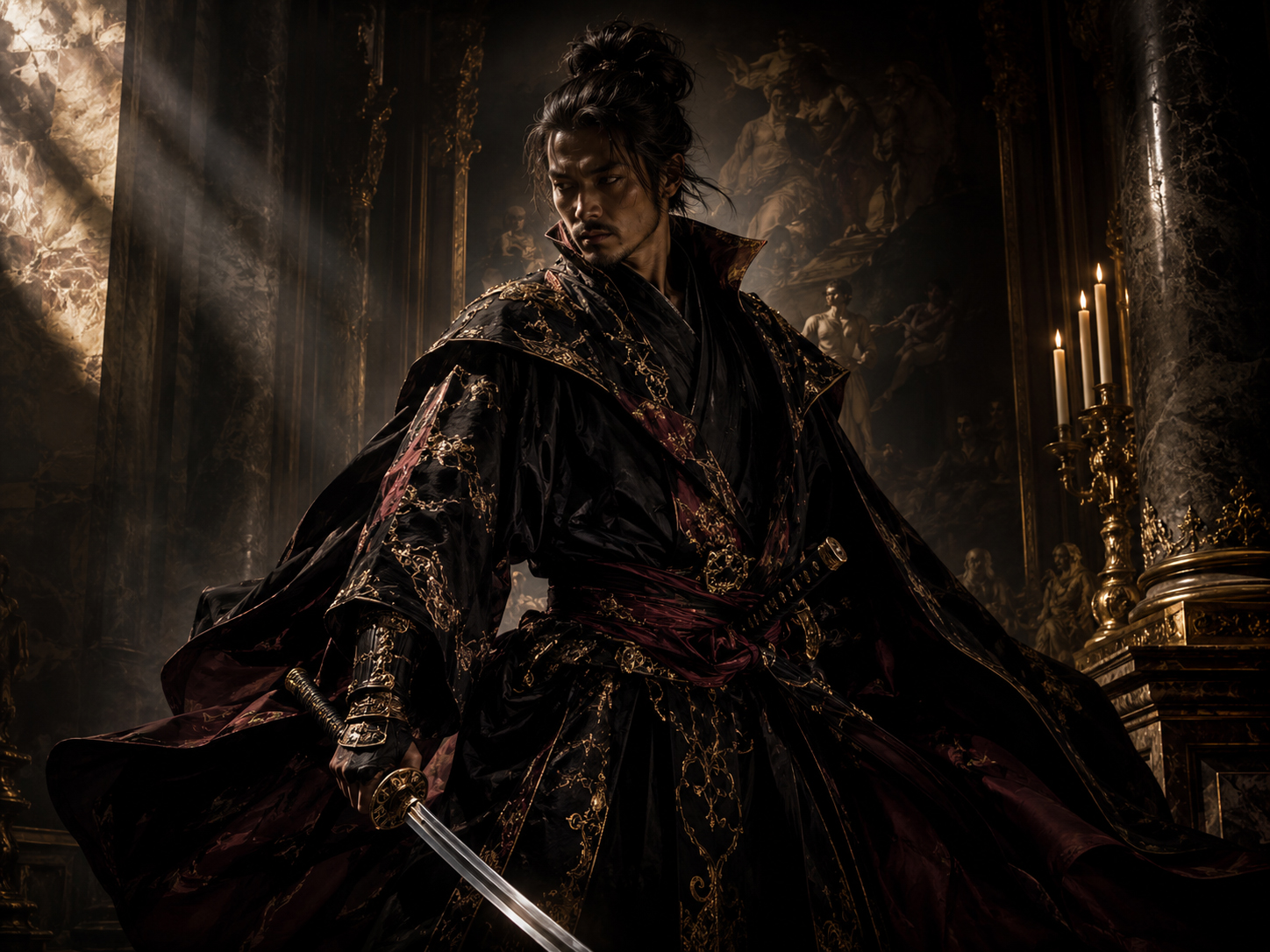 Baroque Shadow Samurai character standing in dramatic golden light and deep shadow