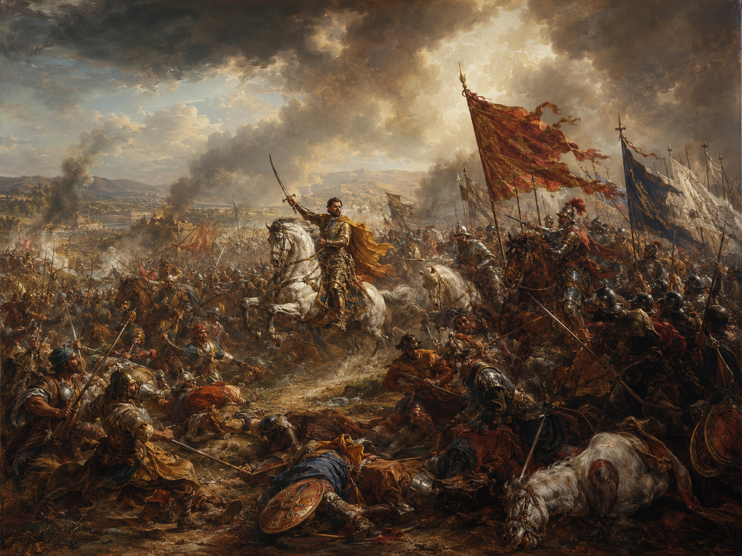 Epic battle scene under stormy clouds with Baroque-style chaos