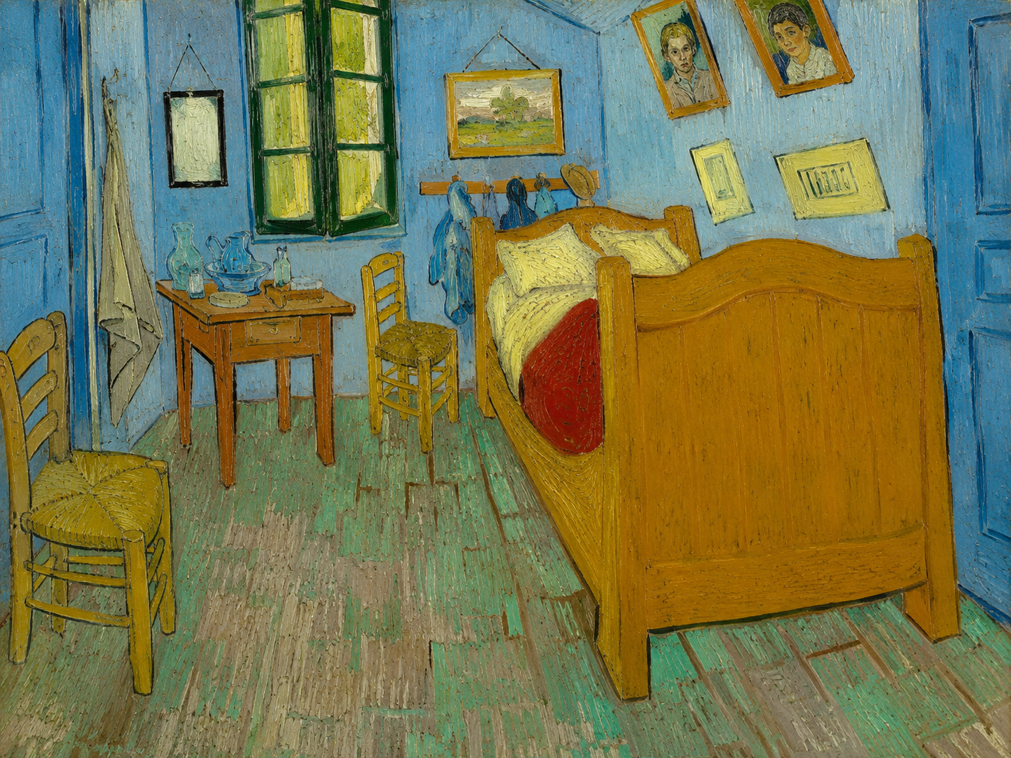 A vivid blue-walled artist bedroom with expressive perspective and warm sunlight