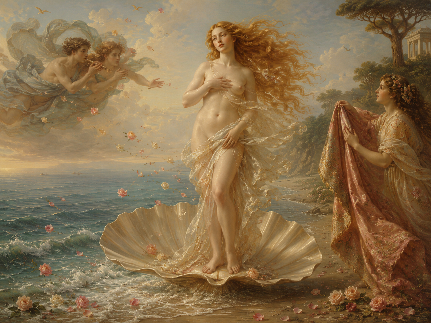 Safe manga-inspired scene of a classical goddess arriving by sea shell