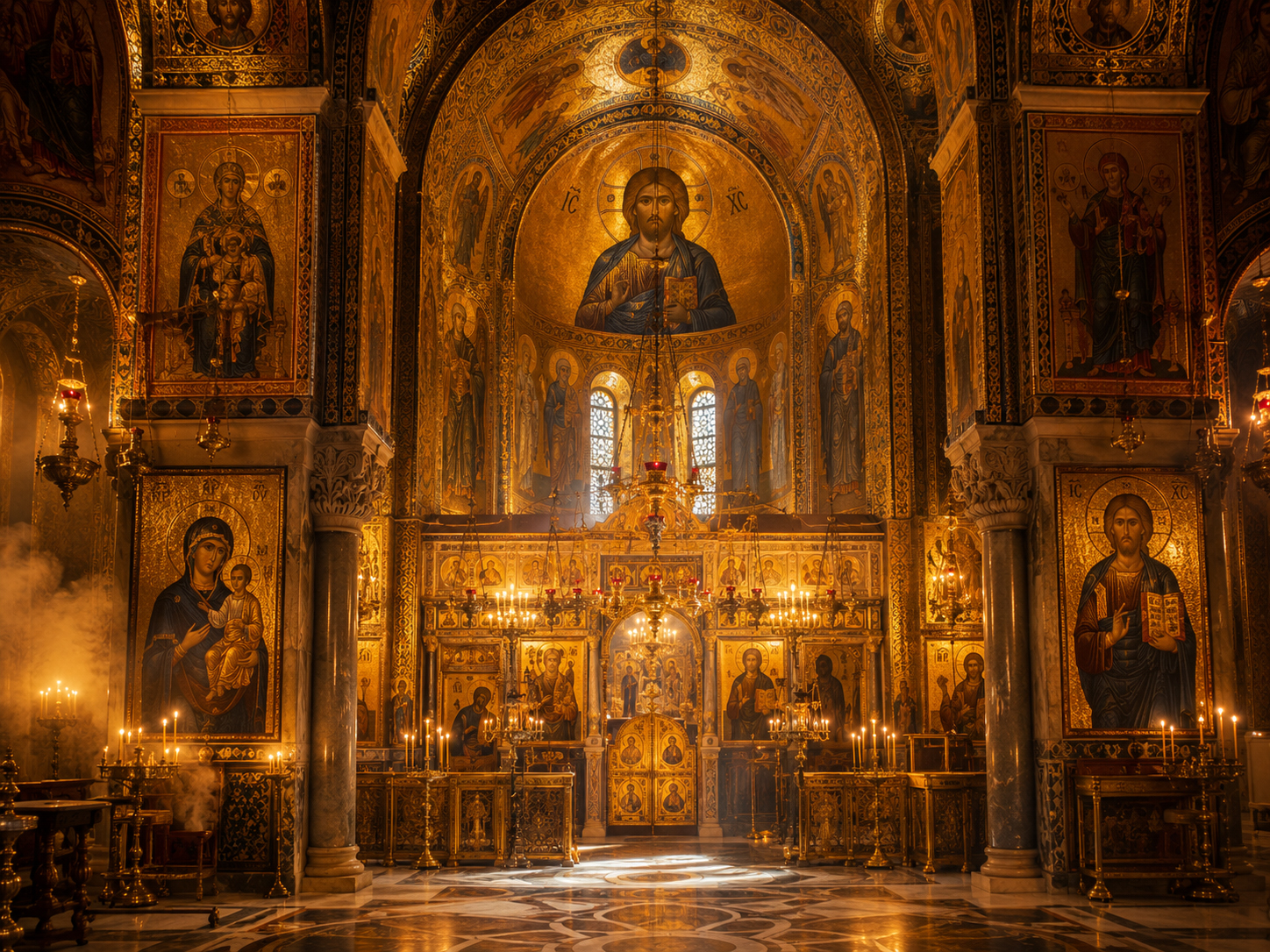 Golden Byzantine-style icon room with sacred light and formal figures