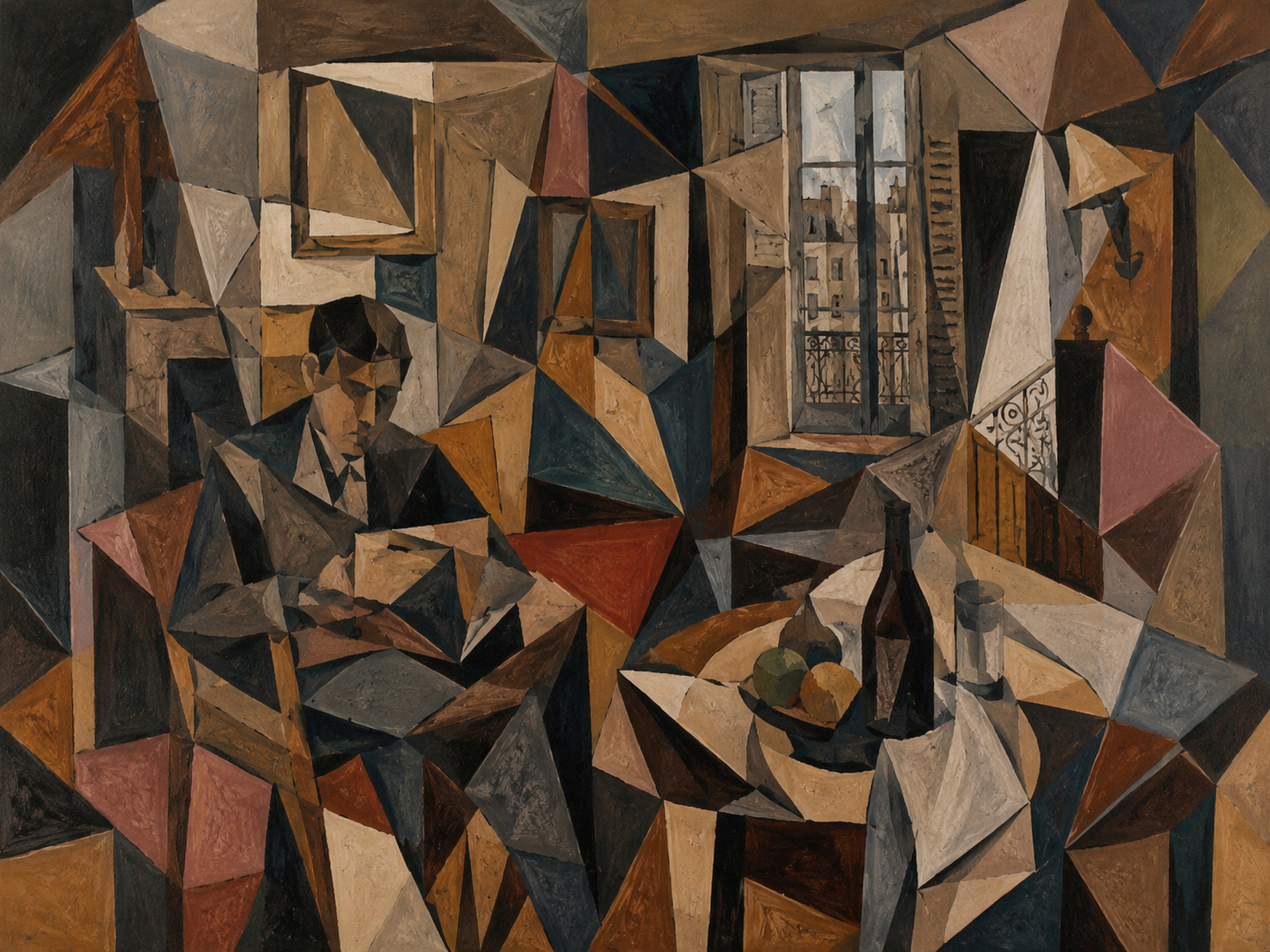 Cubist room of many angles with fractured furniture and geometric light
