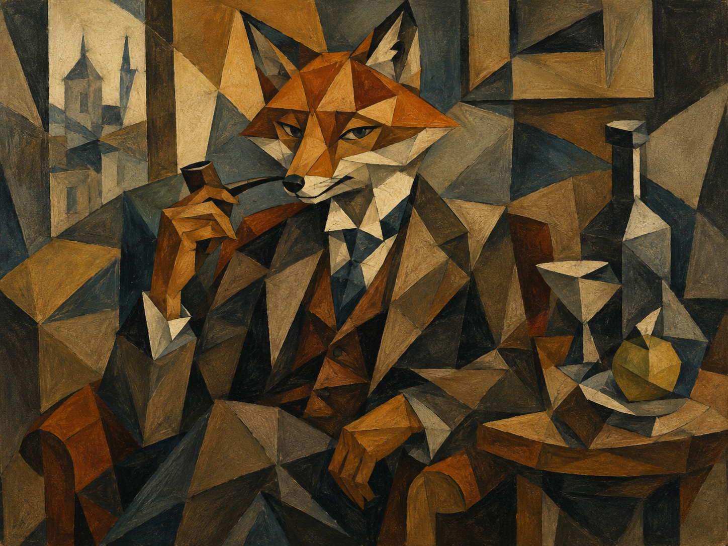 Cubist Fox character in a fractured geometric room