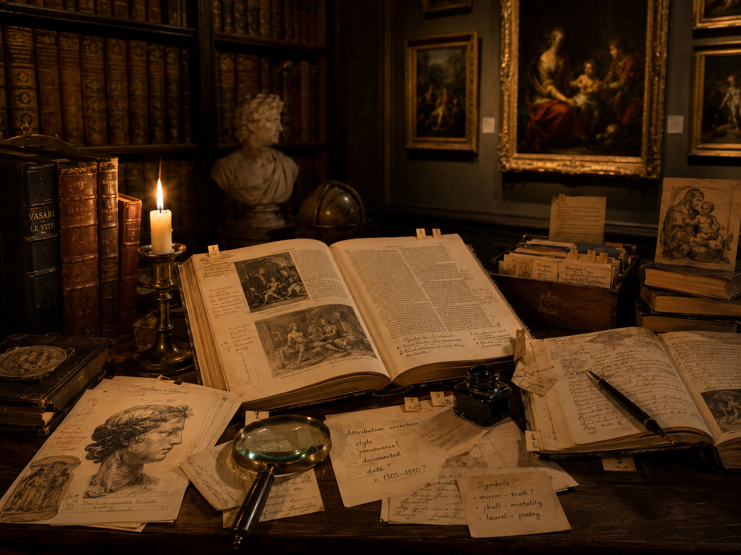 A candlelit scholar desk with art-history footnotes, books, and museum notes.