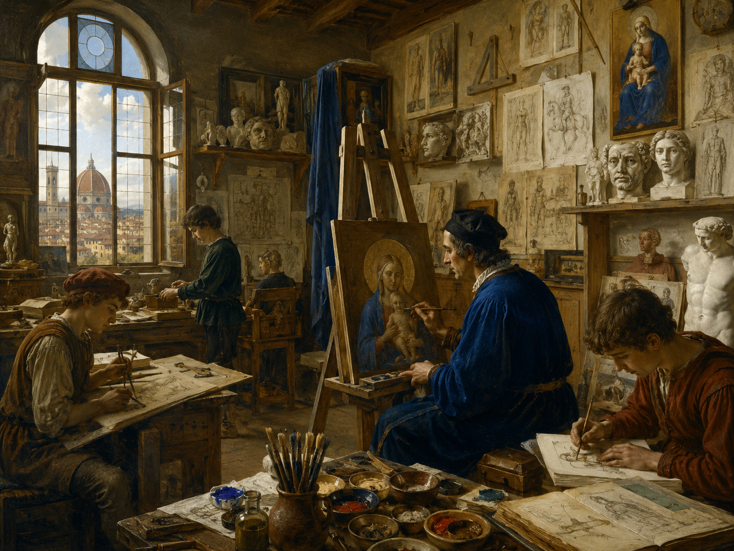 Early Renaissance workshop with artists, apprentices, pigments, and drawings