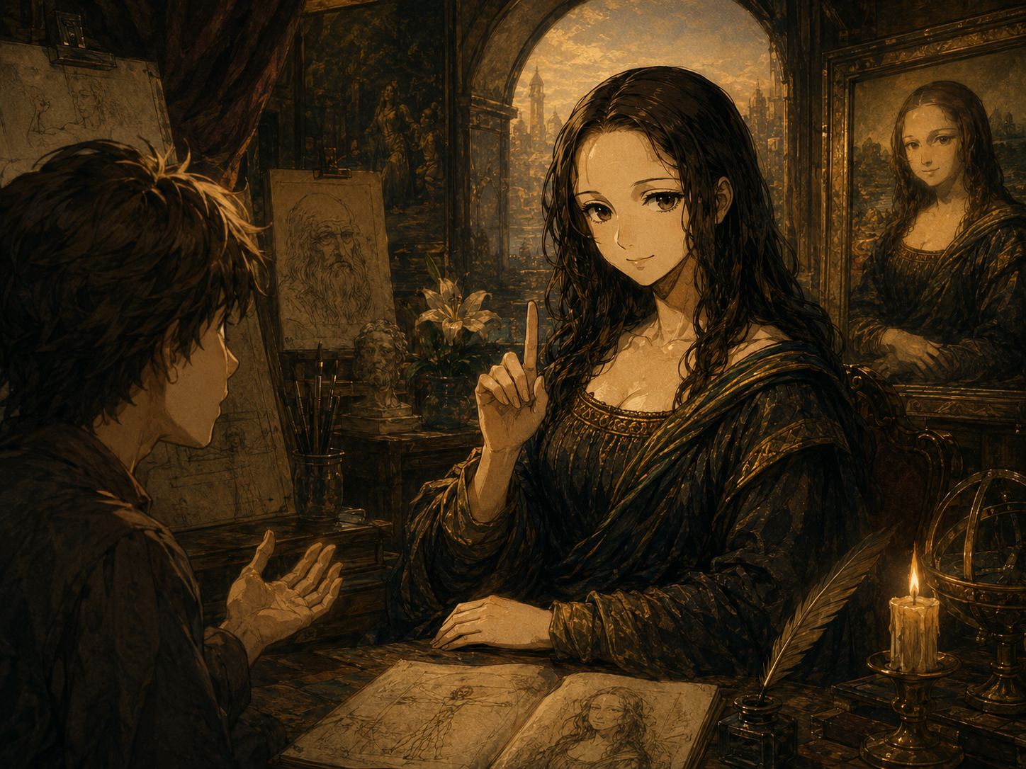 Mona Lisa Sensei calmly refusing to explain her mysterious smile in a manga museum episode