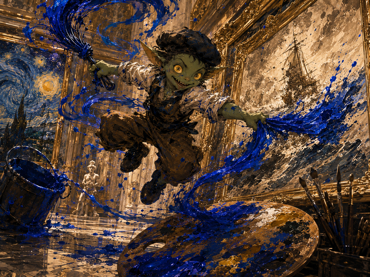 Palette Goblin stealing the color blue from a museum gallery