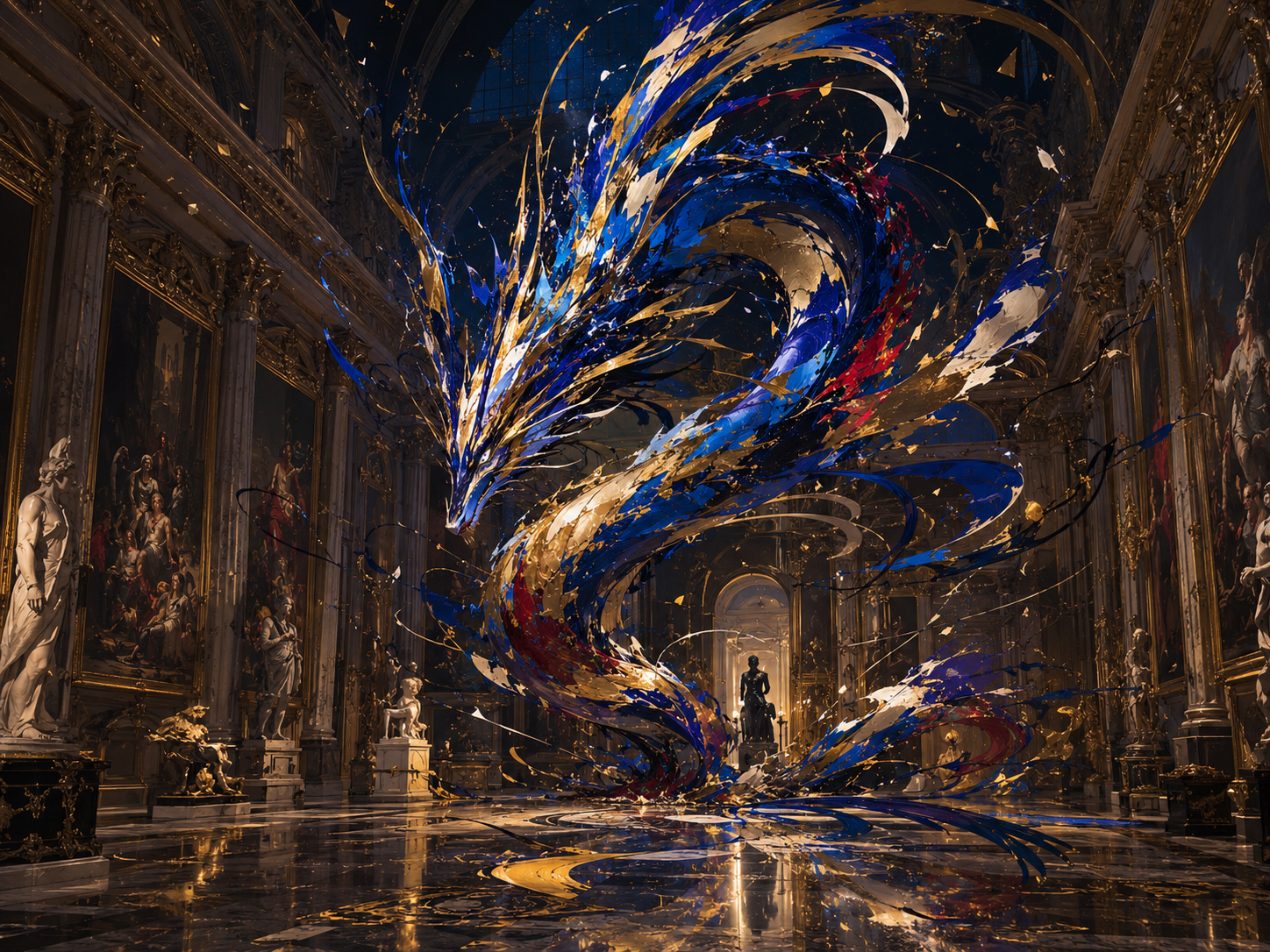 The Abstract Dragon arriving inside a dramatic museum gallery