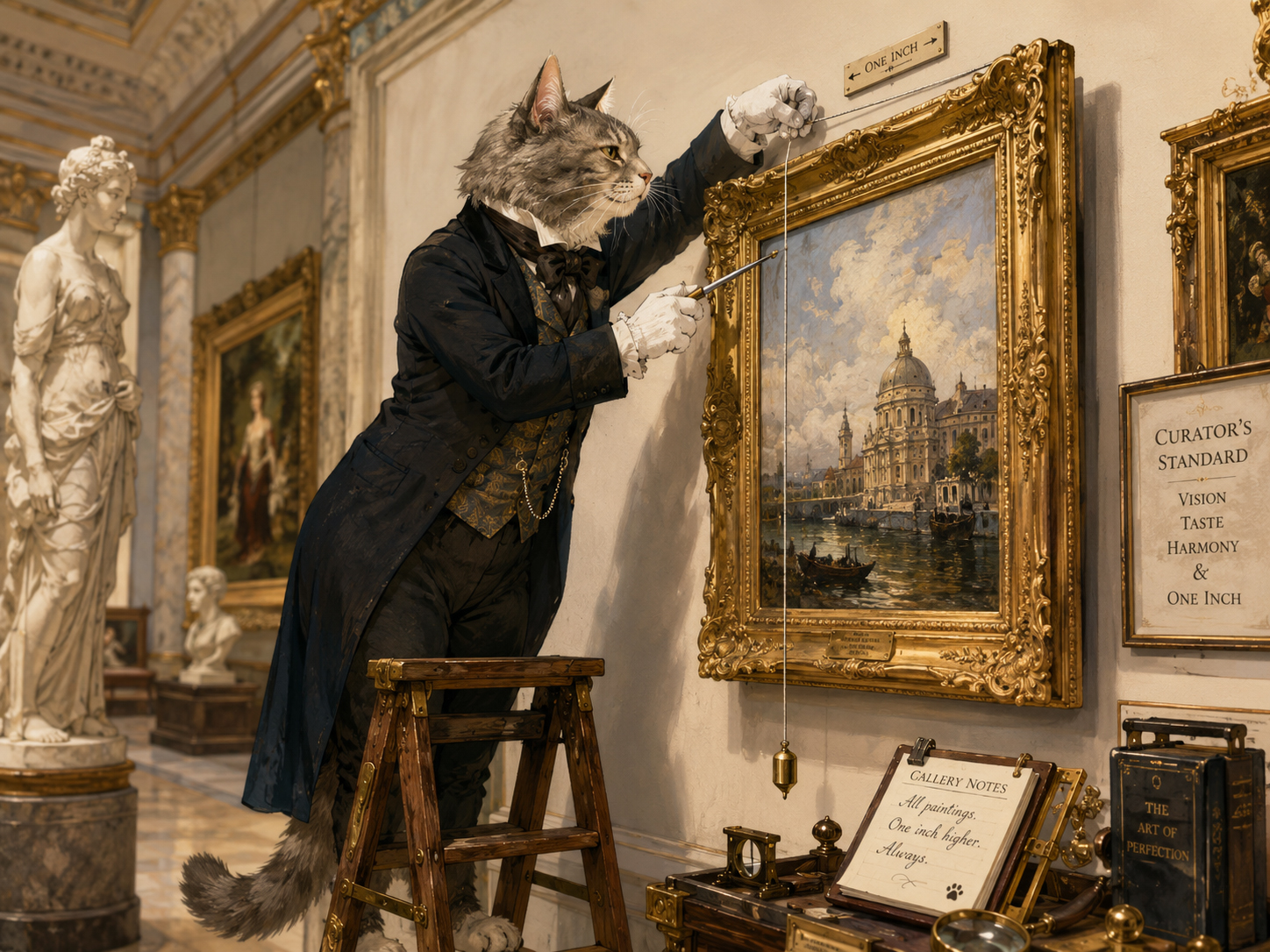 Curator Cat carefully adjusting a painting one inch higher in a museum gallery