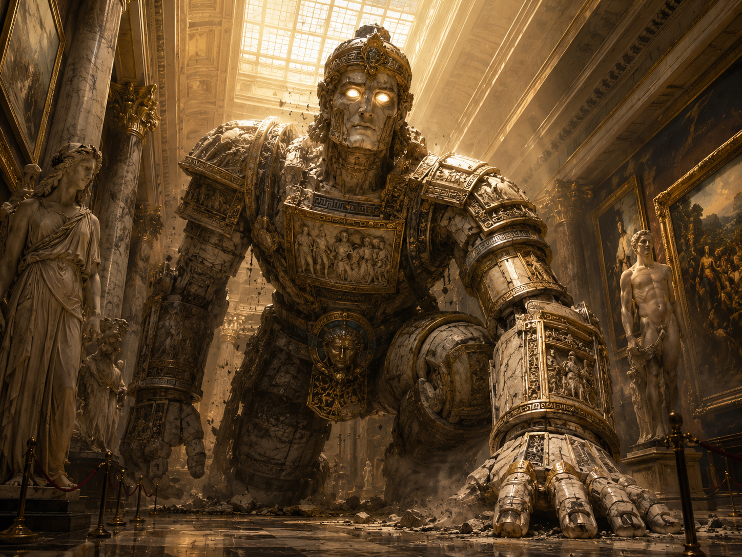 Museum Guard Golem waking up inside a grand gallery episode scene