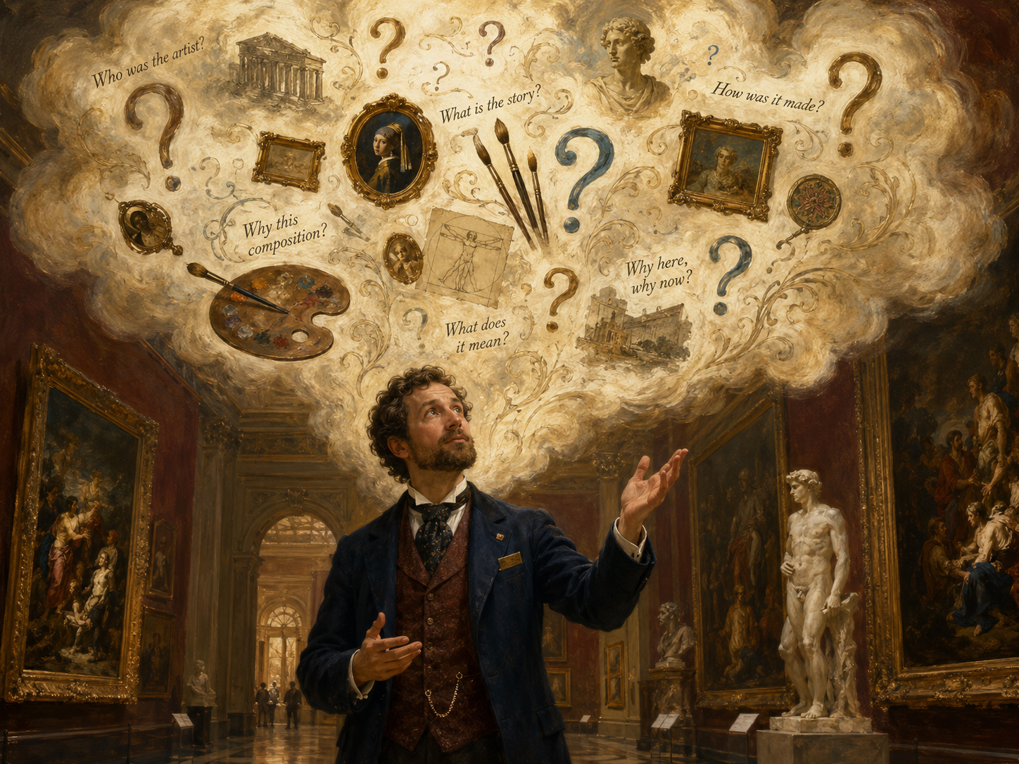 FineArtDaily question cloud floating inside a refined manga museum gallery