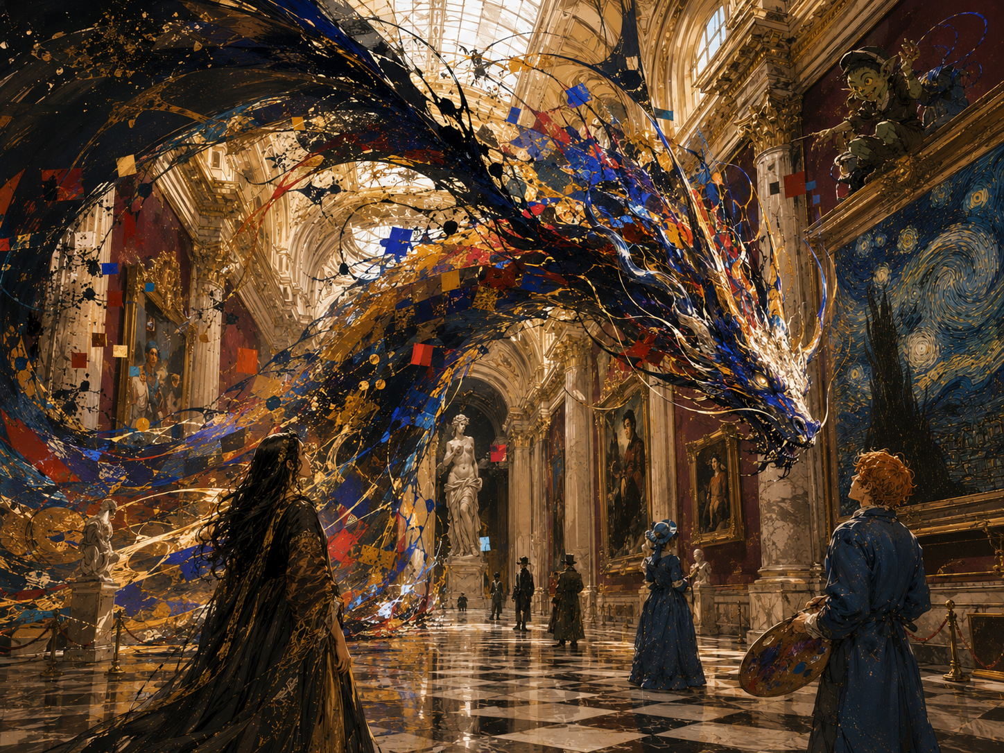 Abstract Dragon entering a grand gallery filled with color