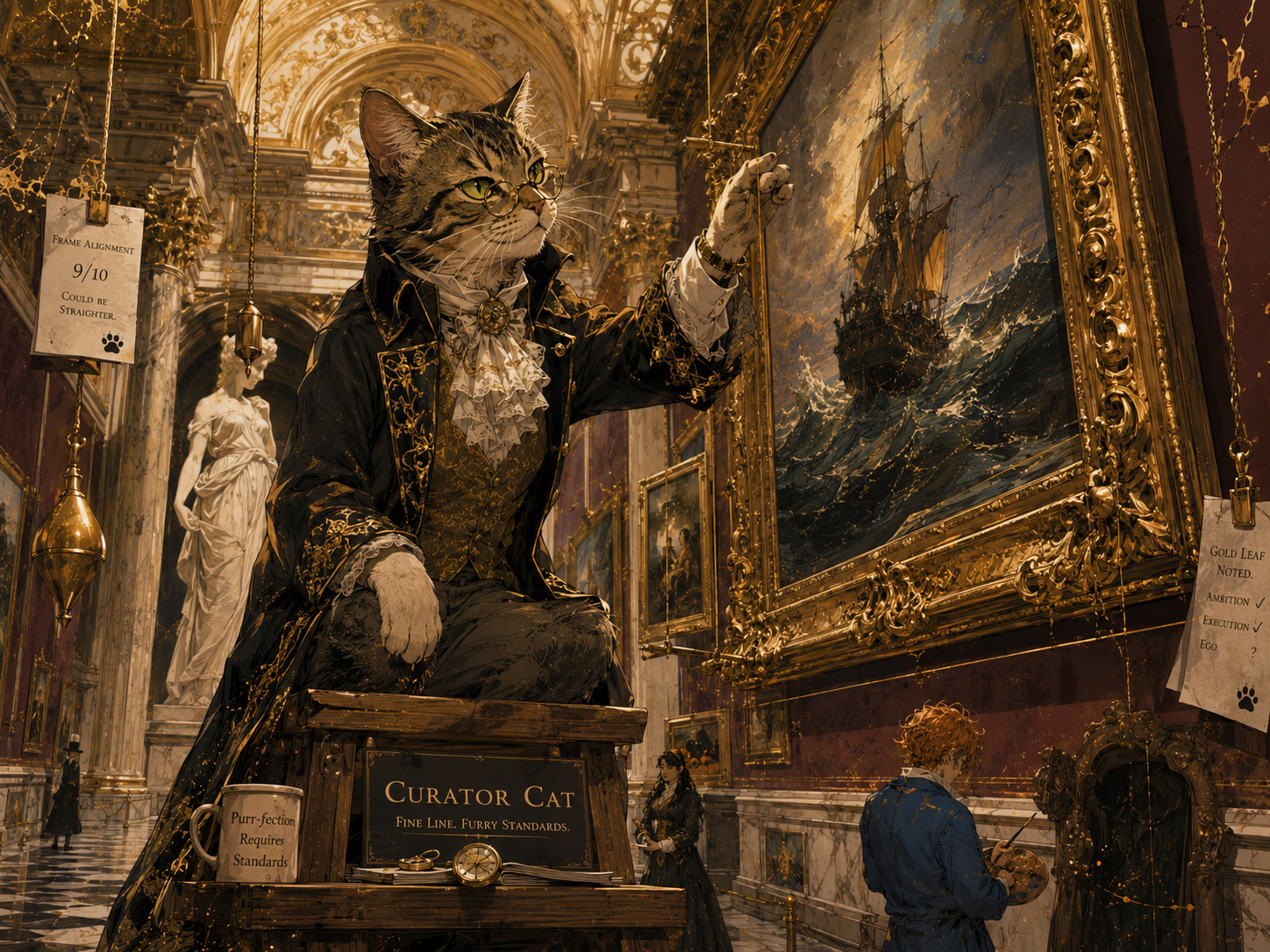 Curator Cat judging a museum frame in a grand gallery with precise art-world confidence