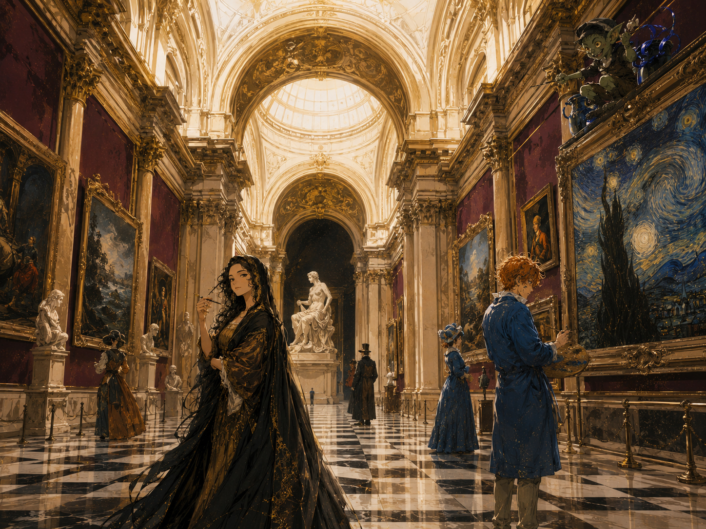 A grand manga art gallery hall filled with classic paintings and museum light
