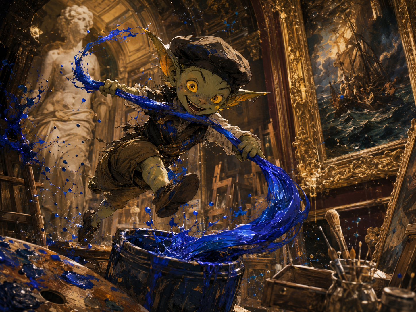 Palette Goblin stealing blue pigment in a dramatic museum studio scene