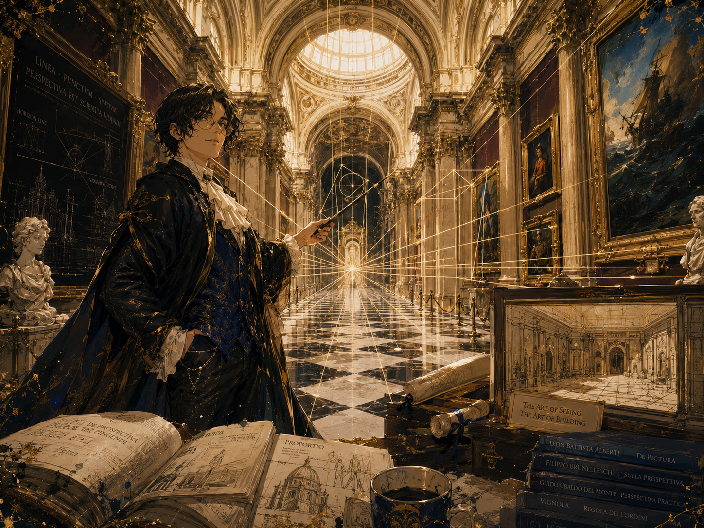 Professor Perspective demonstrating vanishing points in a grand gallery