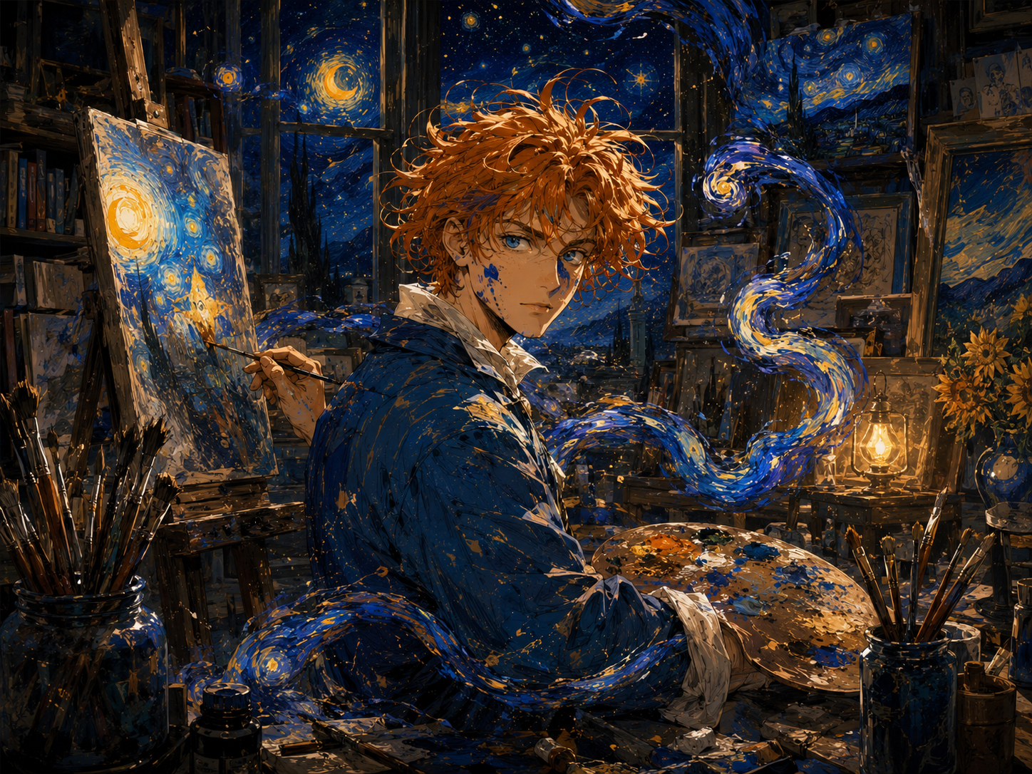 Van Gogh Boy in a starry studio filled with swirling night light and painterly energy
