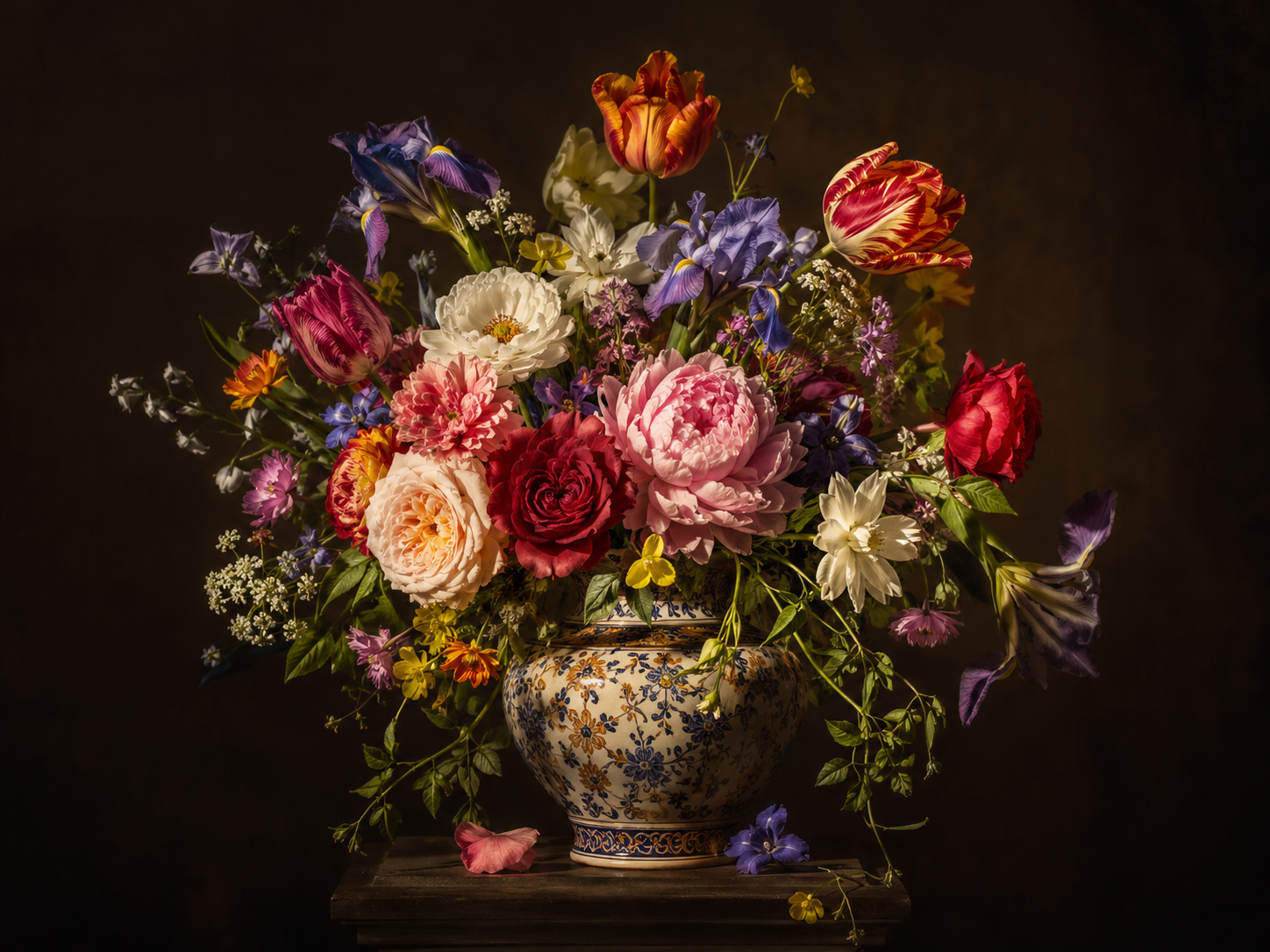 Flower vase under museum spotlight with dramatic Baroque lighting