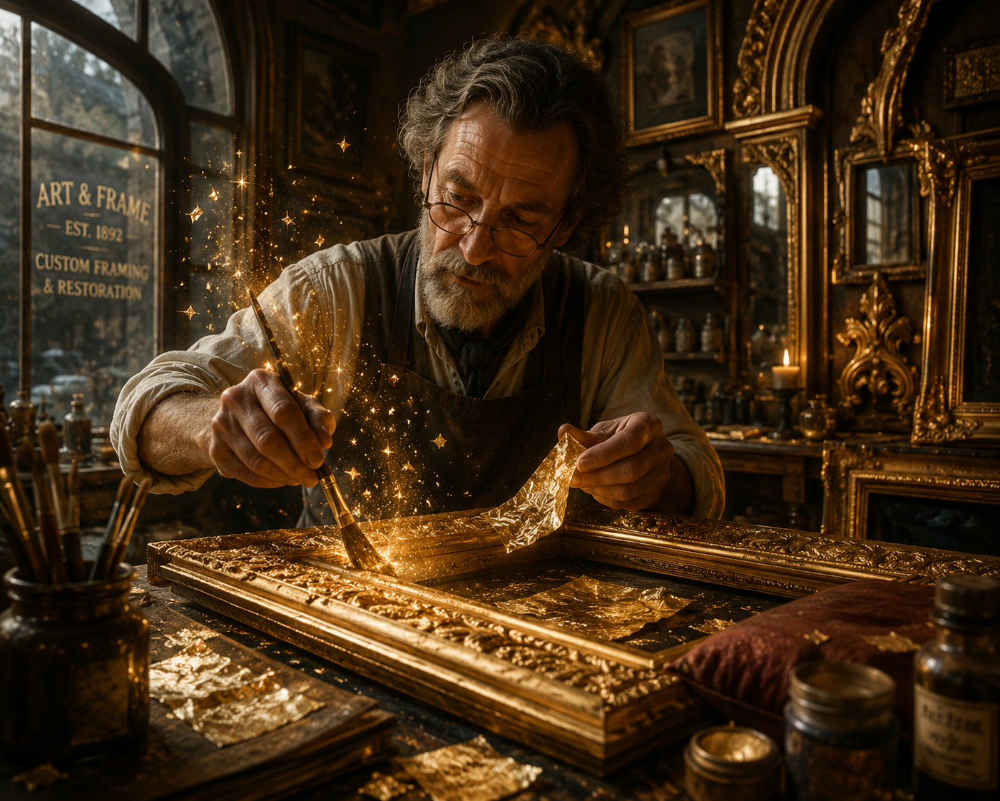 Old-world frame shop with gold leaf magic and artisan craft