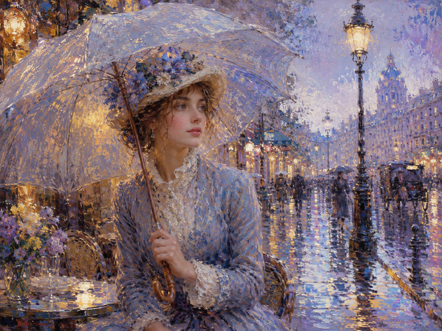 Impressionist Rain Girl walking through a glowing rainy city