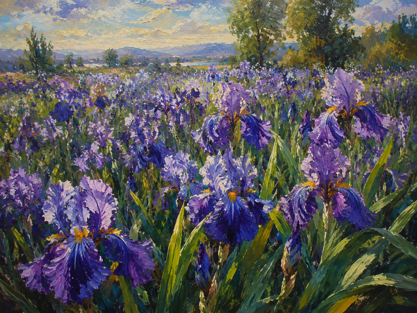 Purple irises in a sunlit field with expressive color and painterly movement