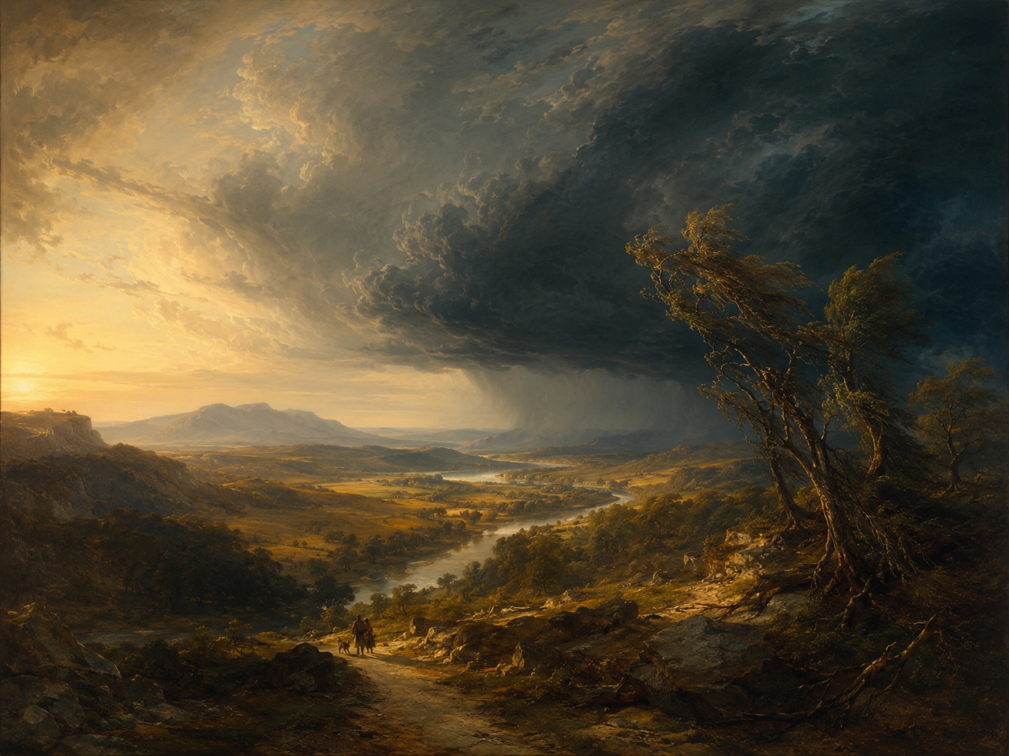 Dramatic landscape before a storm with glowing sky and darkening valley