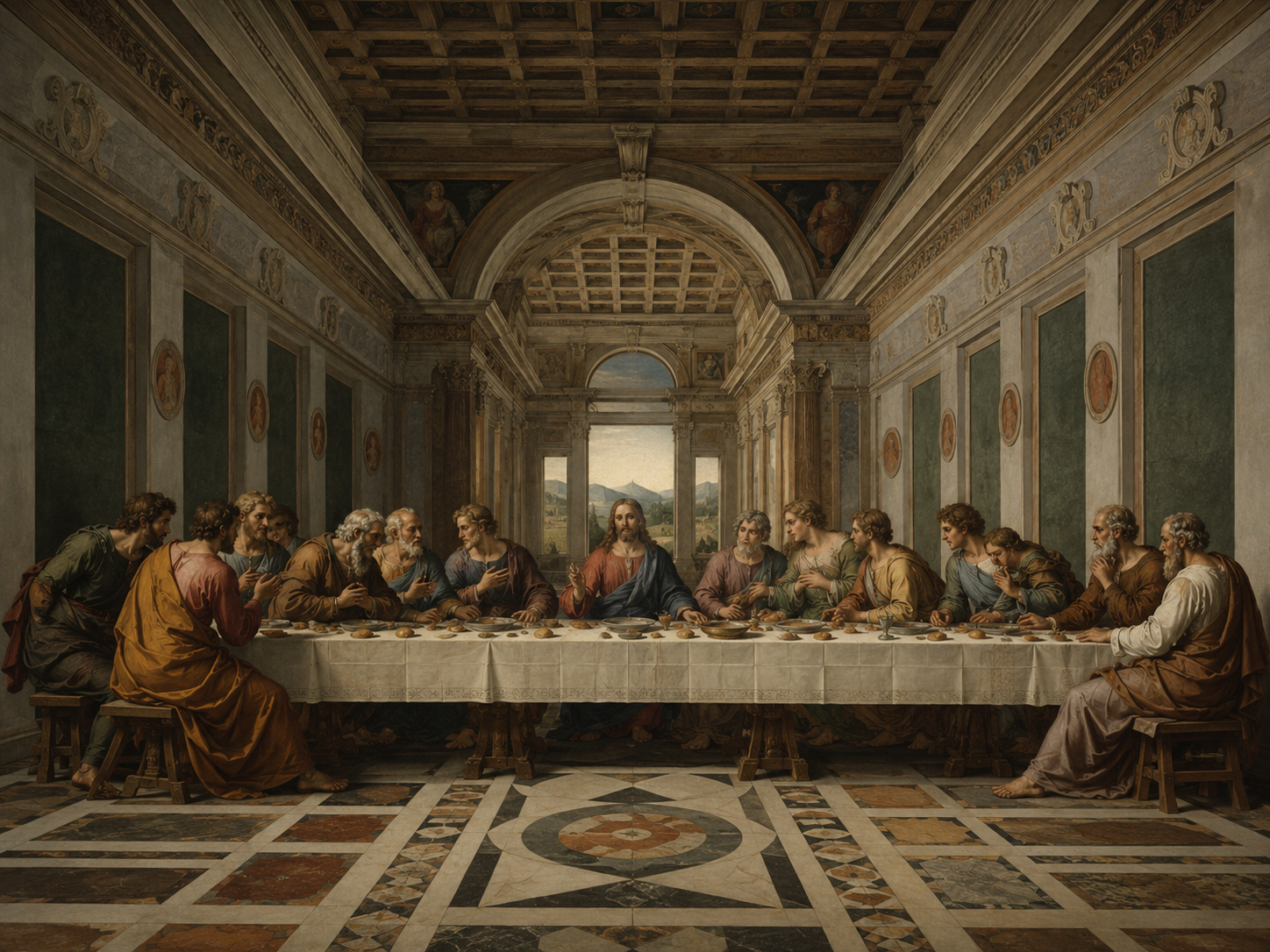 Renaissance-inspired banquet room using dramatic one-point perspective