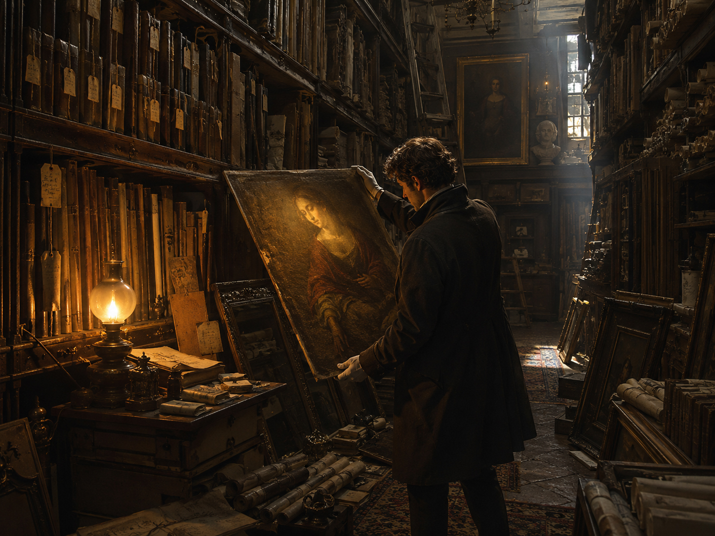 A dramatic archive room filled with lost painting records and museum mysteries