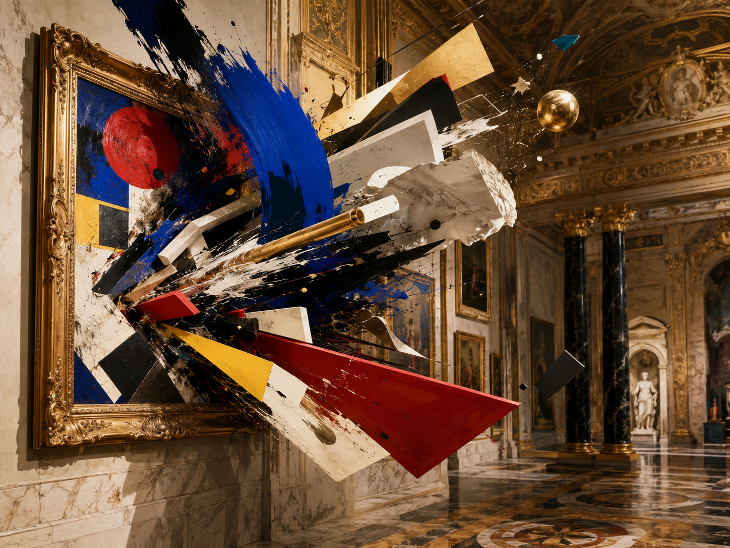 Modern art breaking through a museum frame with angular shapes