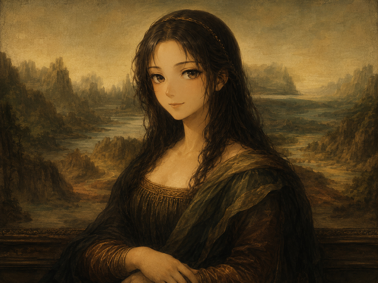 A mysterious classical portrait with a serene manga-style smile