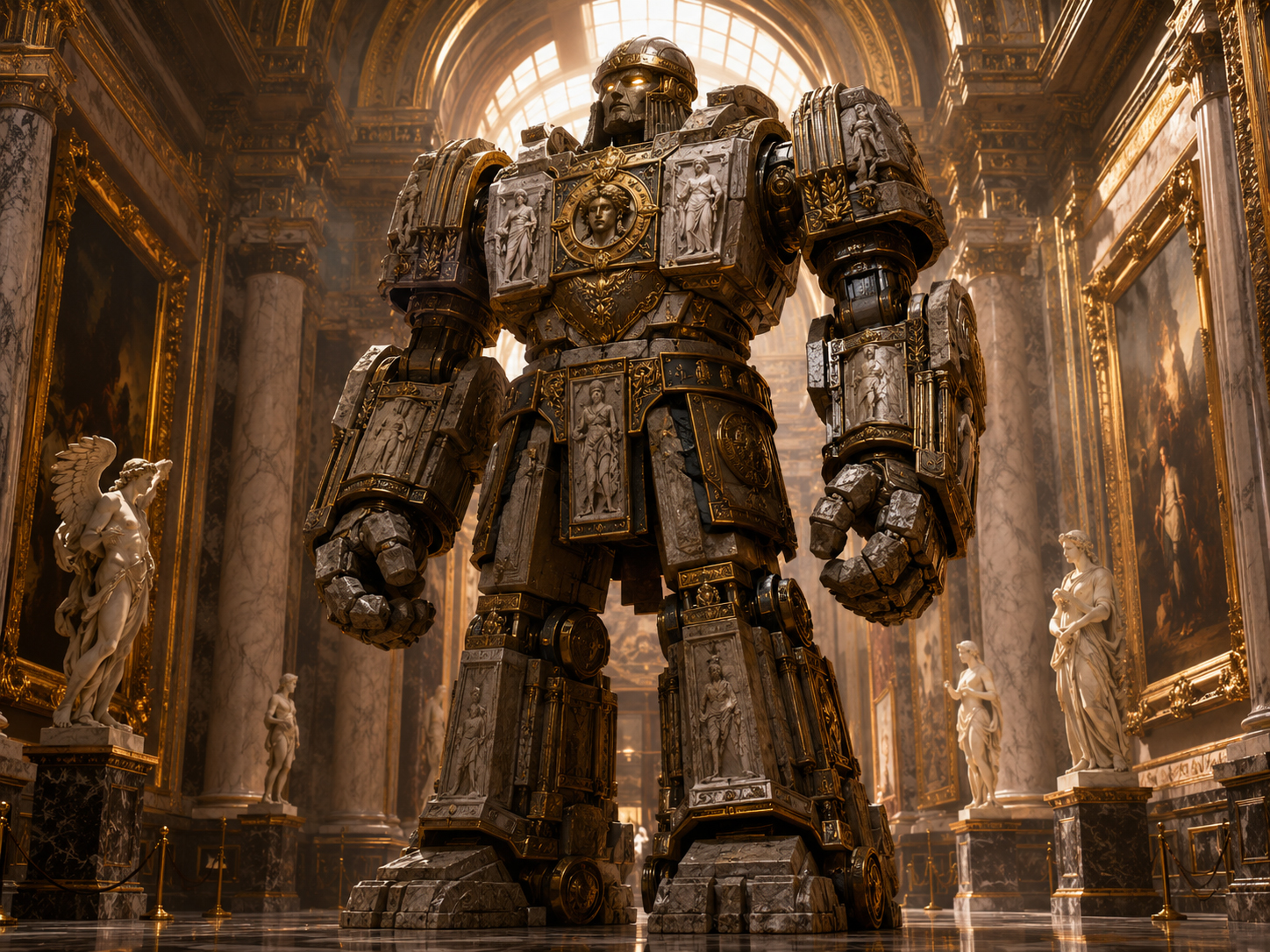 Museum Guard Golem standing watch in a classical gallery