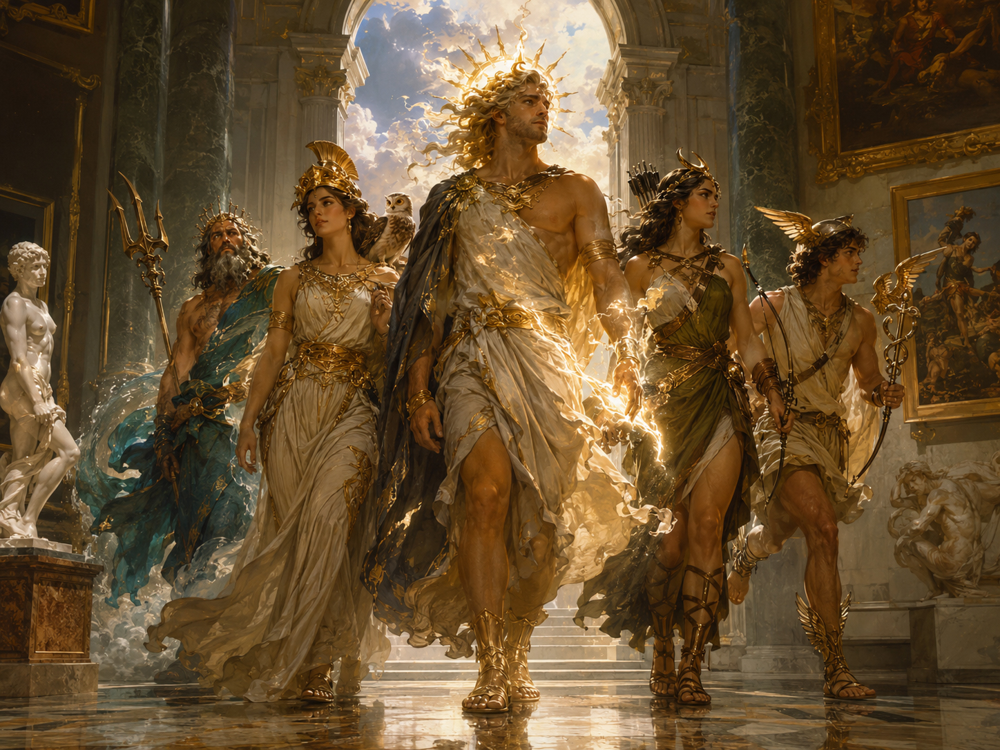Mythological figures entering a grand museum gallery with theatrical spectacle