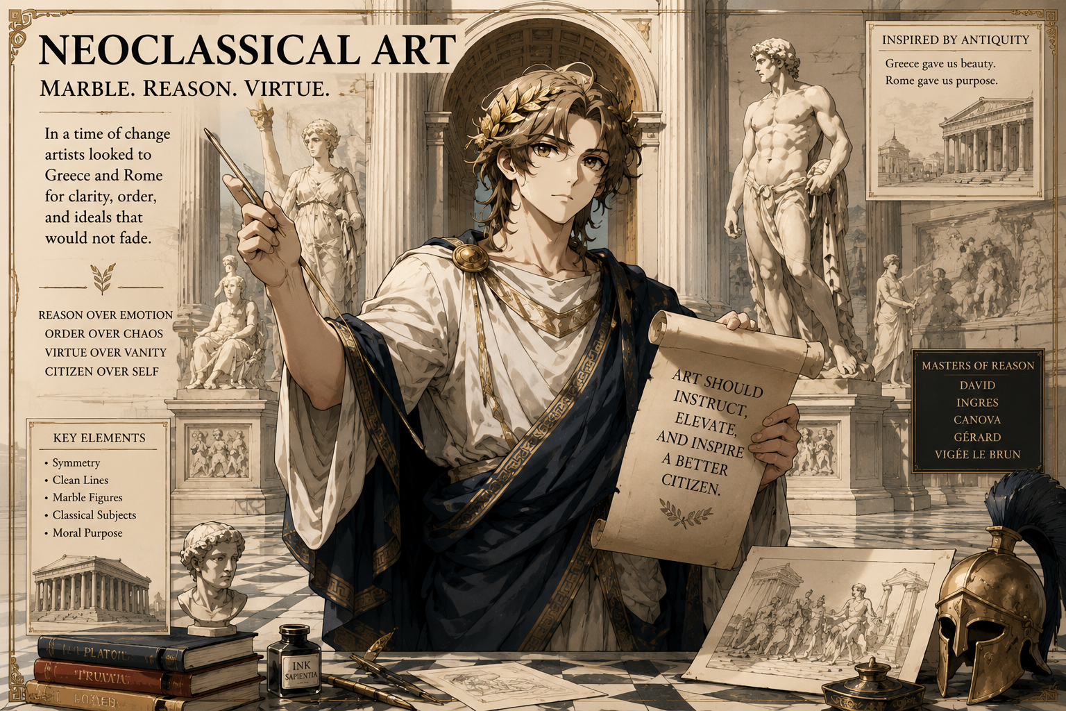 Neoclassical marble hall with order, reason, and classical restraint