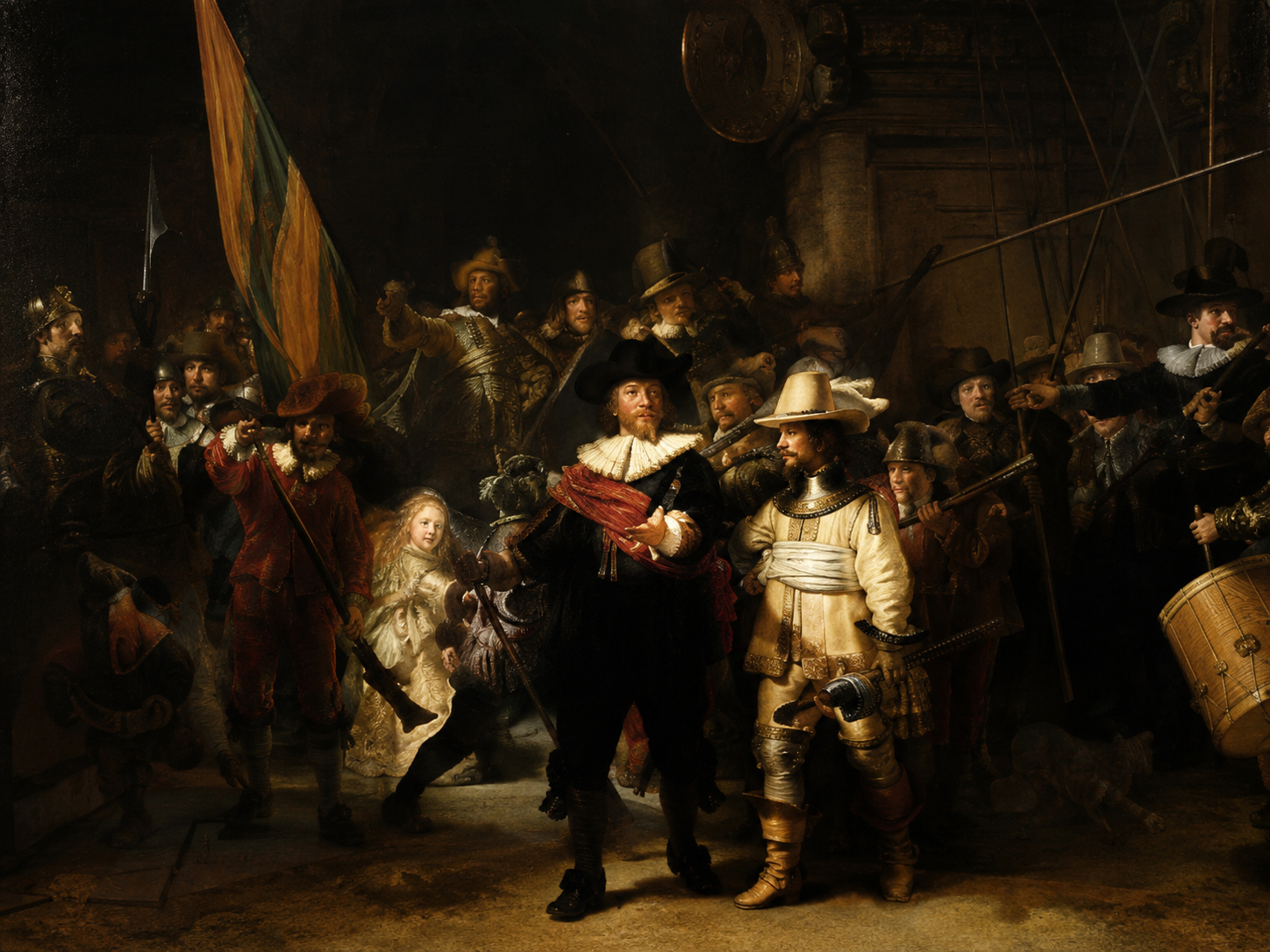 Civic guard scene full of Baroque-style movement, warm light, and crowd energy