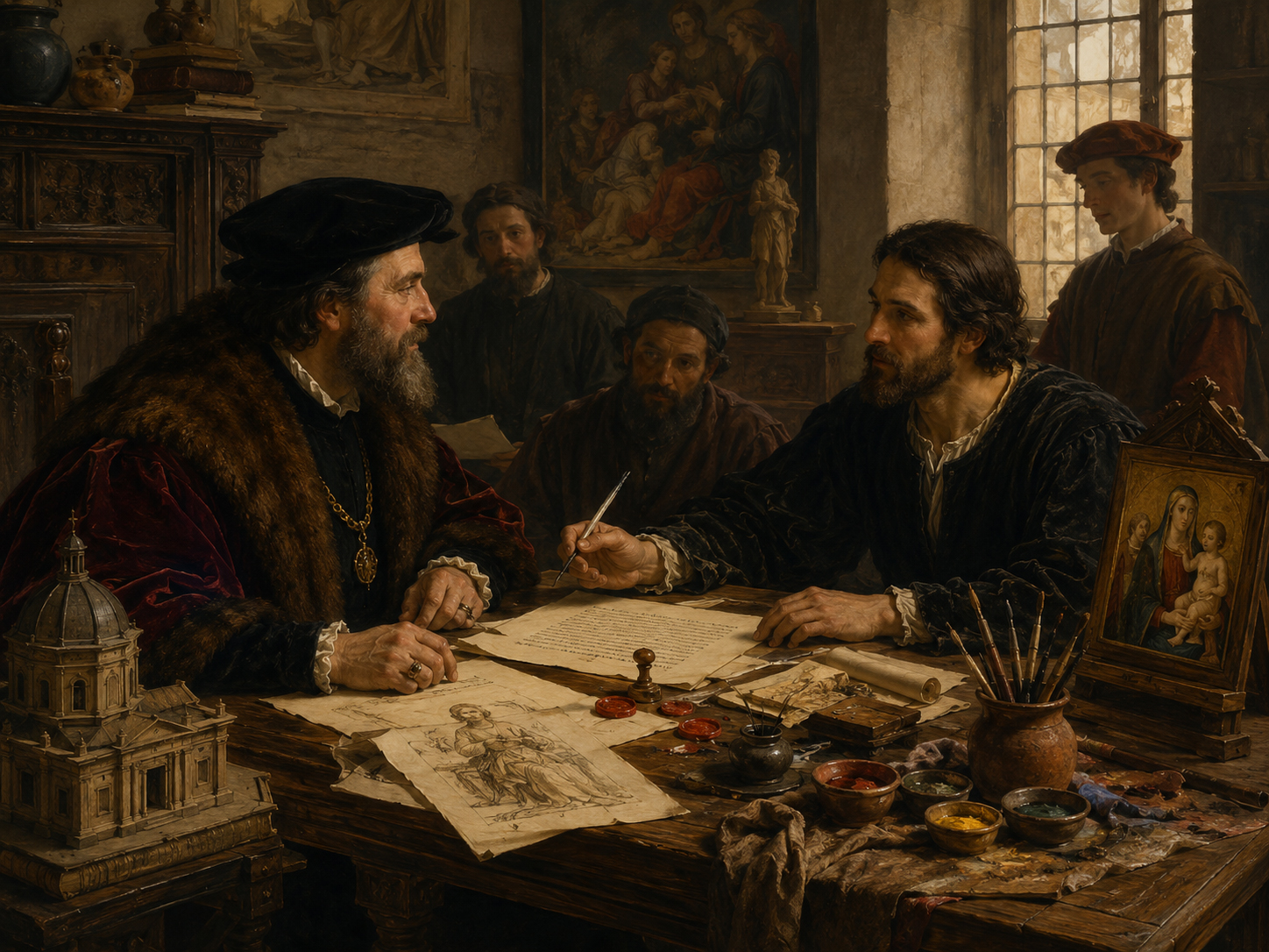 Renaissance and Baroque-style patron and painter negotiating at a contract table