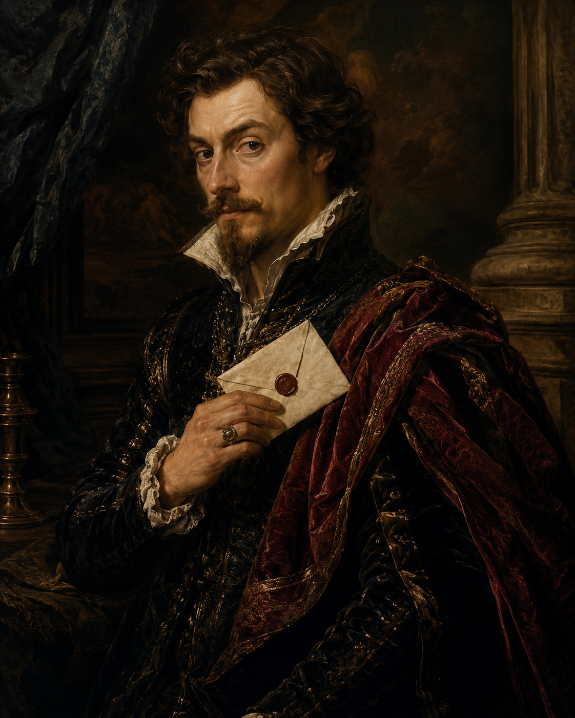 Classical portrait with a secret letter and dramatic interior light