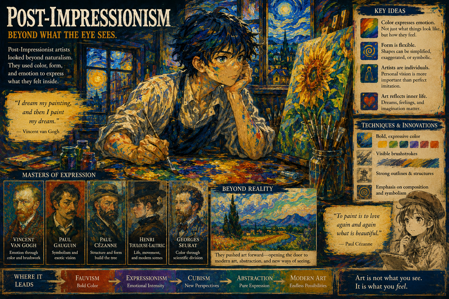 Post-Impressionist color and emotion in a swirling studio scene
