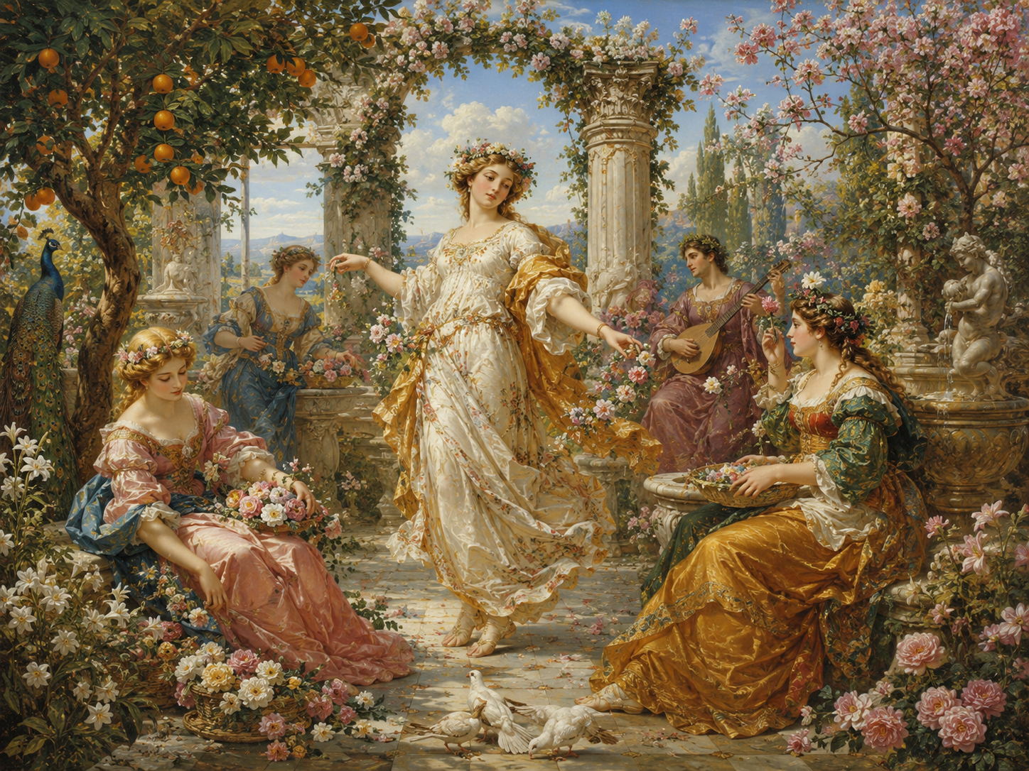 Spring garden court with classical figures, flowers, and decorative elegance