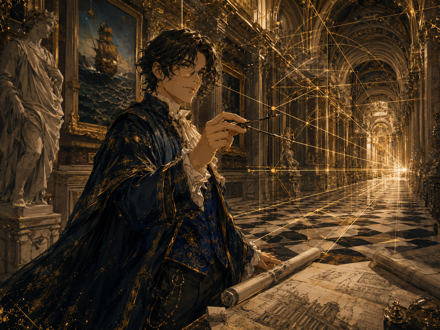 Professor Perspective character with geometry and vanishing point lines