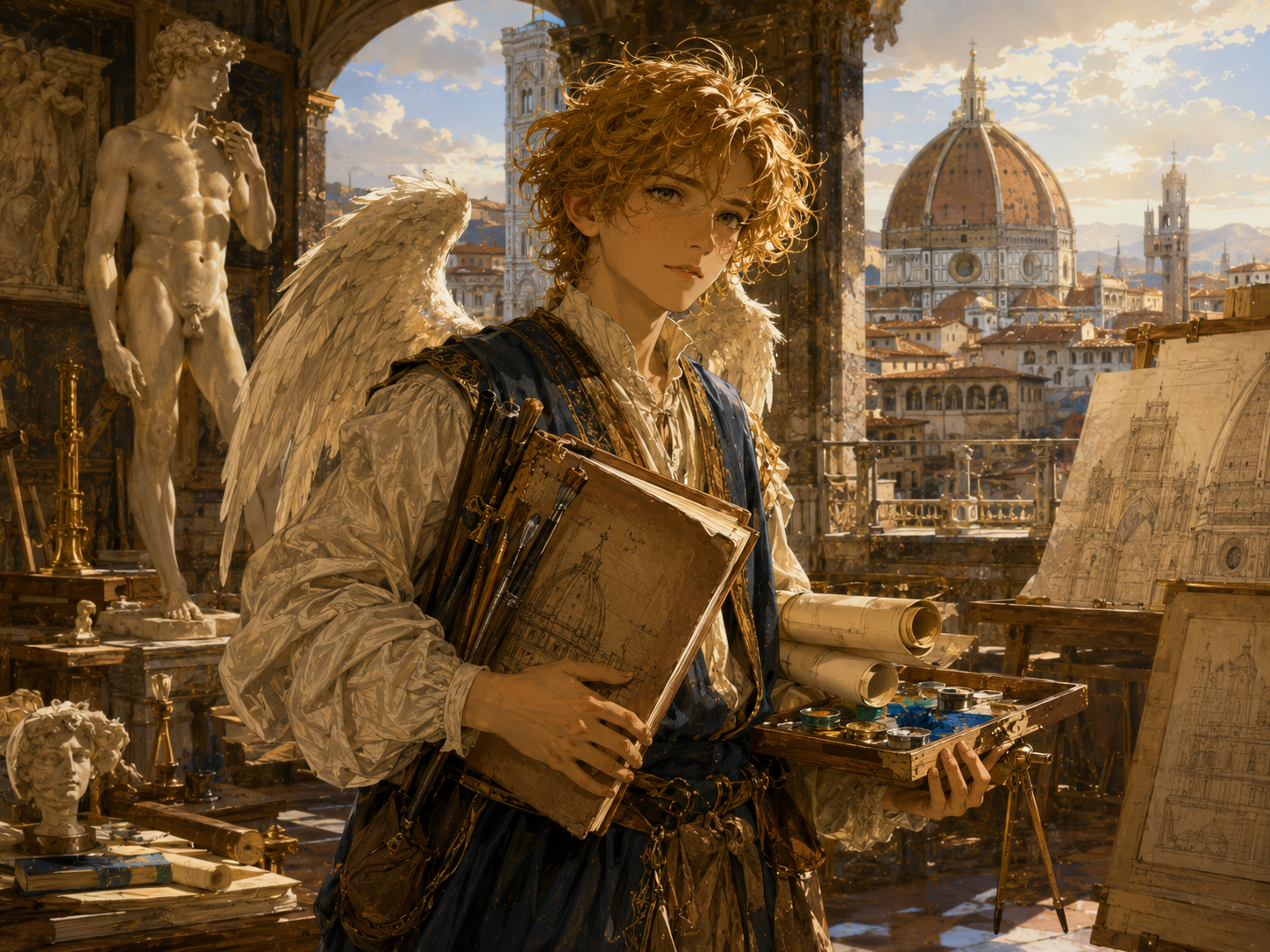 Renaissance Angel Intern in a golden atelier