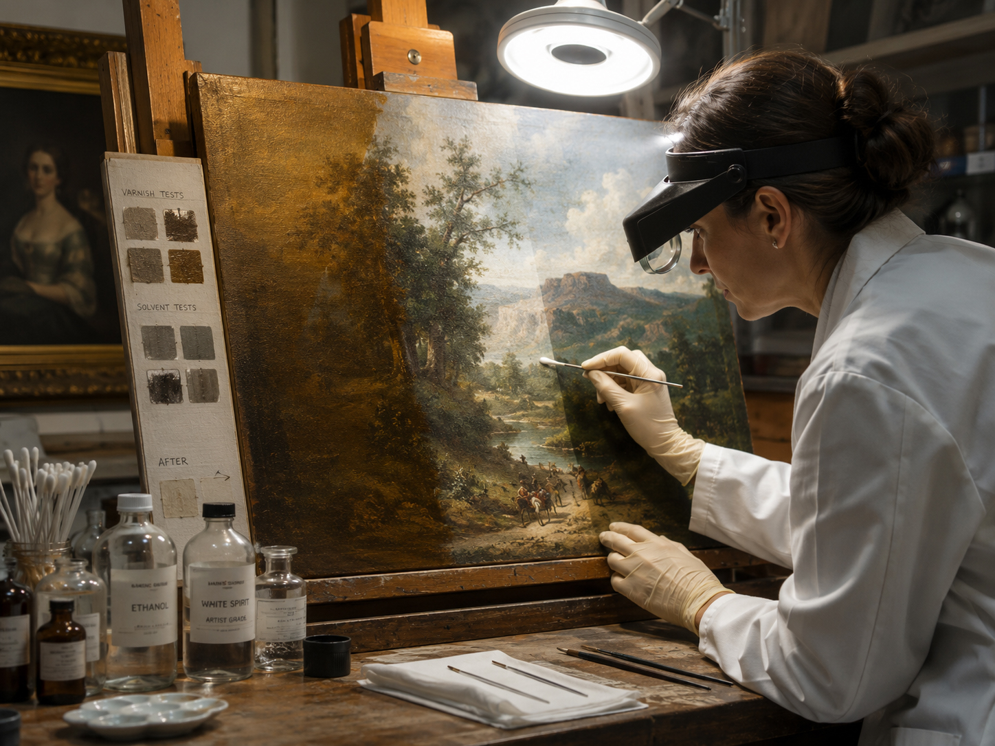 A museum restoration lab carefully cleaning old varnish from a painting