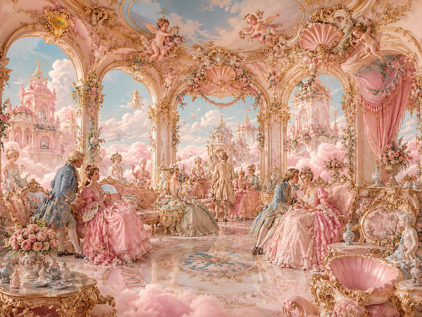 Rococo-inspired pink cloud palace with ornate gold curves, pastel light, and playful elegance