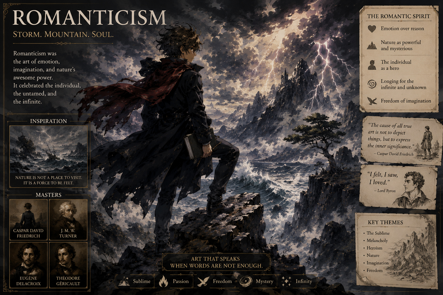 Romanticism-inspired storm over mountains with a lone figure facing the sublime power of nature