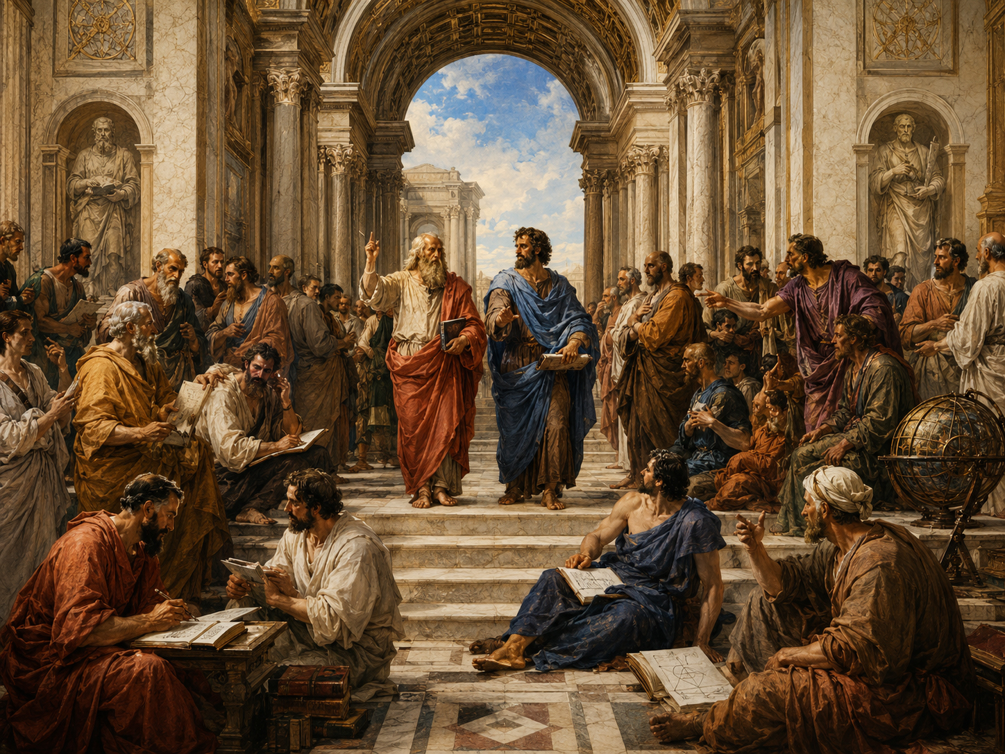 Classical academy full of philosophers in debate