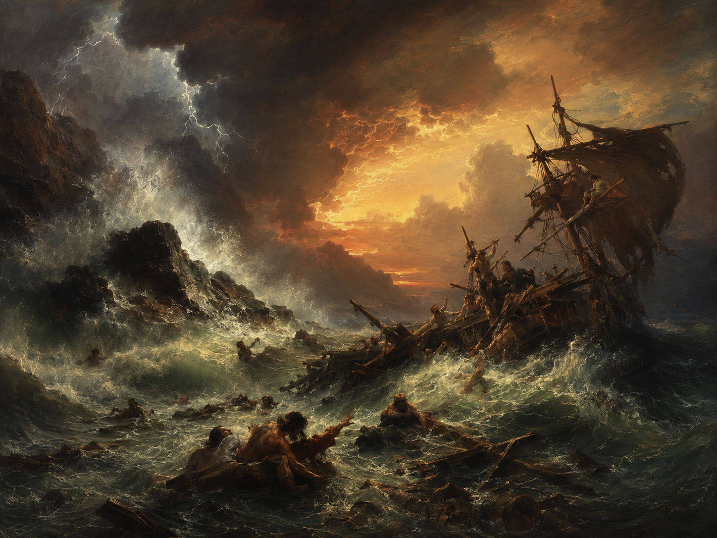 Dramatic shipwreck at sea with storm waves and theatrical light