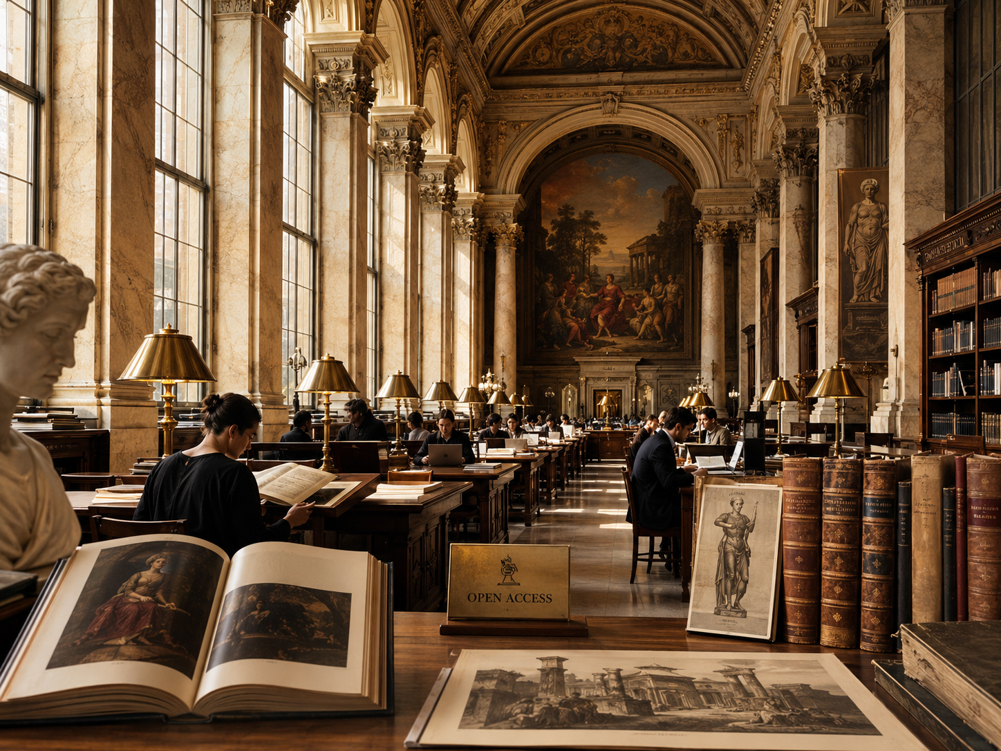 Open-access art-history reading room with books, paintings, and museum research tables